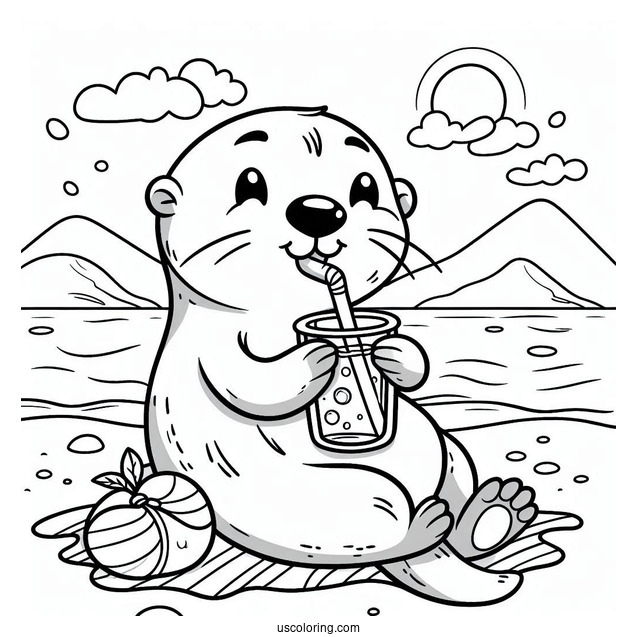 Cute Otter Coloring Page In Floater Drinking Iced Tea At Beach