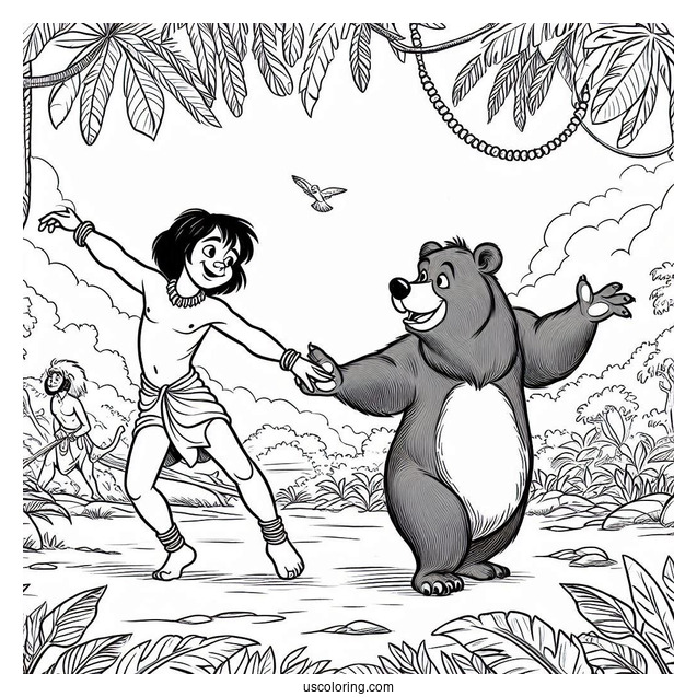 Jungle Book Coloring Page Of Mowgli And Baloo Dancing In The Jungle