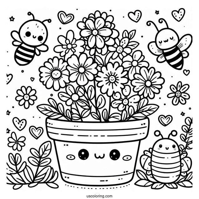 Spring Coloring Page Kawaii Flower Pot With Bee And Butterfly For Kids