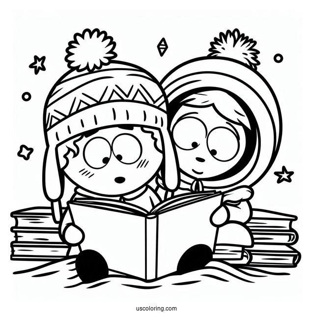 South Park Coloring Page Of Kyle Broflovski And Kenny McCormick Reading Together