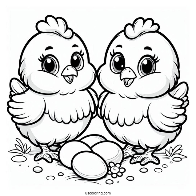 Two Cartoon Chickens Looking For Food