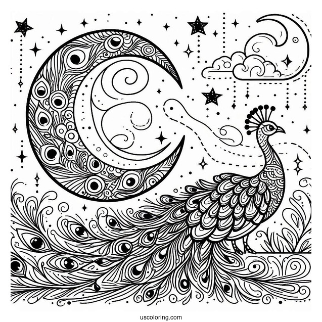 Peacock Coloring Page at Night with Crescent Moon and Stars