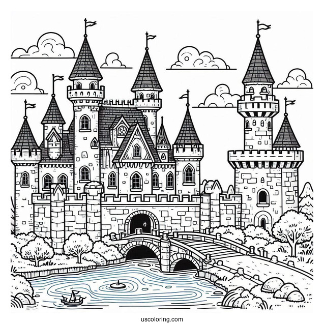 Medieval Castle Coloring Page With Moat