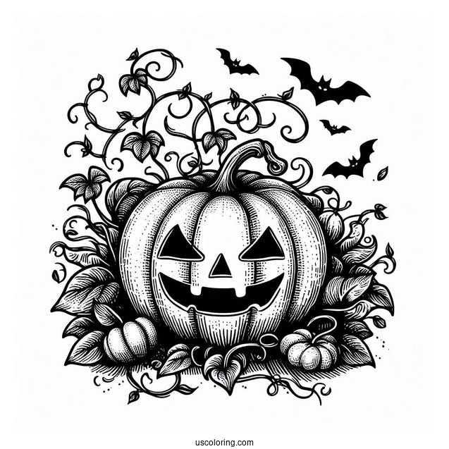 Pumpkin Coloring Page Of Spooky Jack O Lantern With Vines And Bats