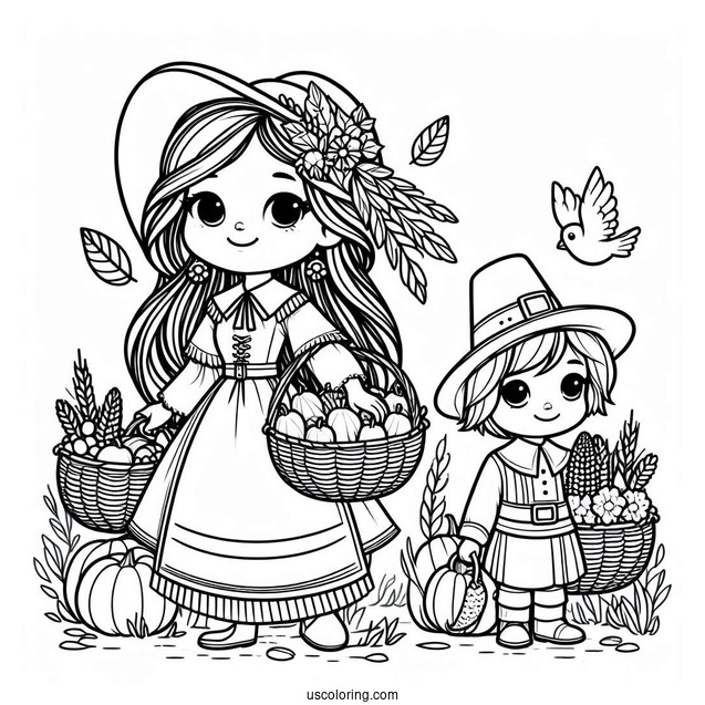 Girl Native American And Boy Pilgrim Coloring Page Carrying Harvest