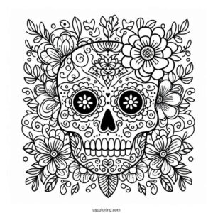Sugar Skulls Coloring Page With Floral Patterns For Preschoolers