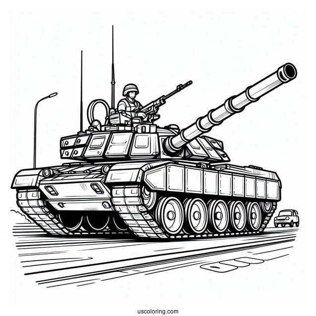 Military Tank on the Road With Gunner On Top