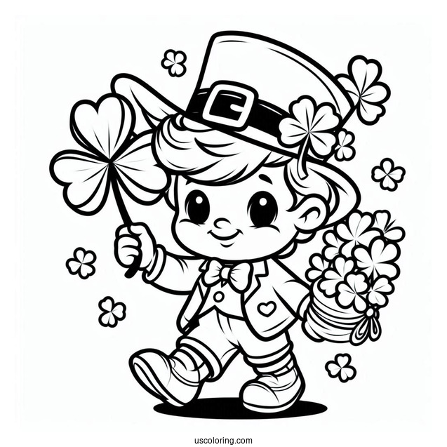 Cute Leprechaun Holding Shamrock To Color