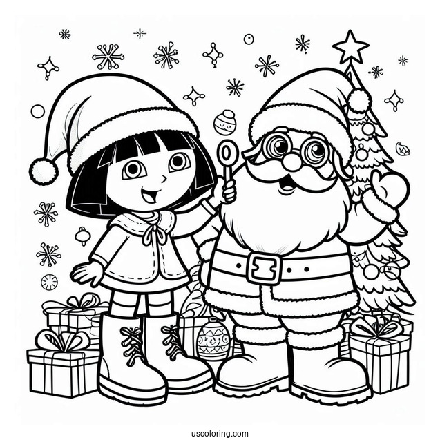 Dora With Boots And Santa Coloring Sheet