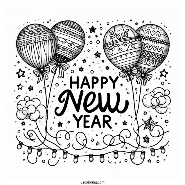 Balloons In The Middle Of Happy New Year Coloring Page Of Words For Kids