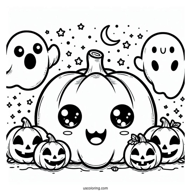Pumpkin Coloring Page Of Chibi Ghosts Coming Out Of A Smiling Jack O Lantern