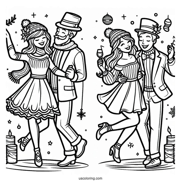 Men And Women Dancing On New Year Coloring Page For Kids