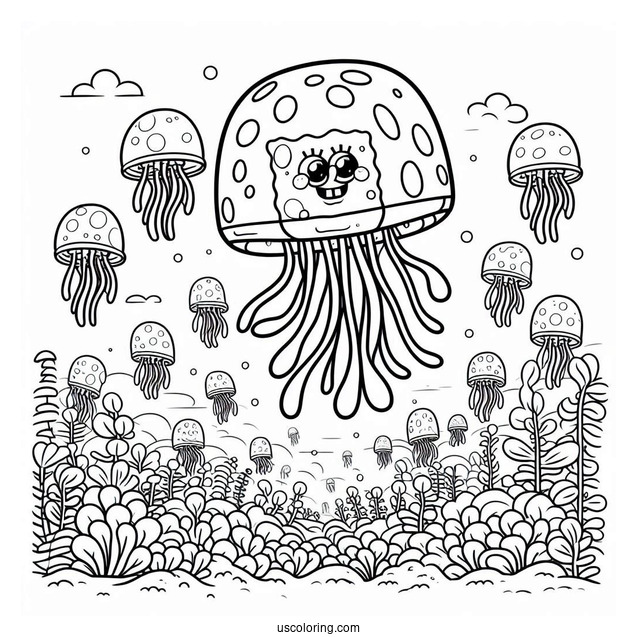 SpongeBob Coloring Page Jellyfish In Jellyfish Fields