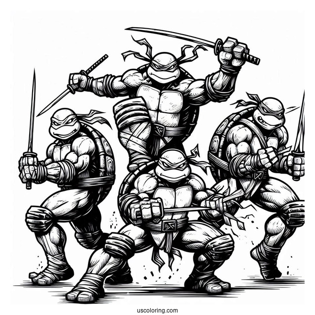 Ninja Turtles Coloring Page Of Leonardo, Donatello, Michelangelo, And Raphael In Fighting Mode
