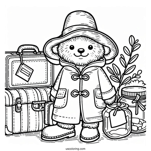 Easy Paddington Coloring Page Outline With Suitcase And Jar For Preschoolers