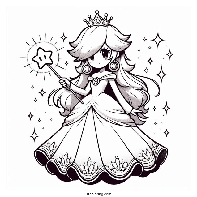 Rosalina Coloring Page Wearing Long Gown And Holding Wand With Luma