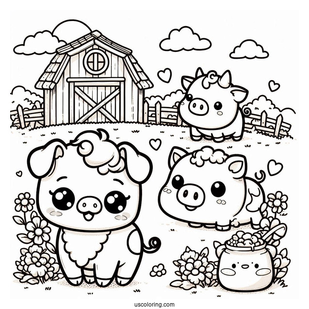 Adorable Kawaii Pig With Cows On a Farm