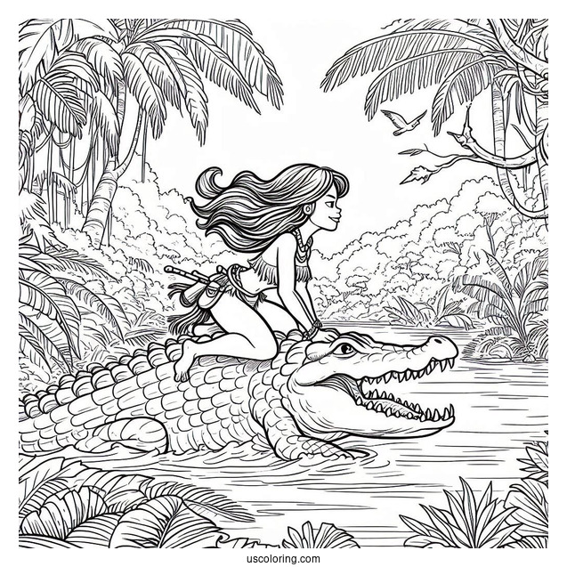 Tarzan Coloring Page And Jane Riding Crocodile In Jungle