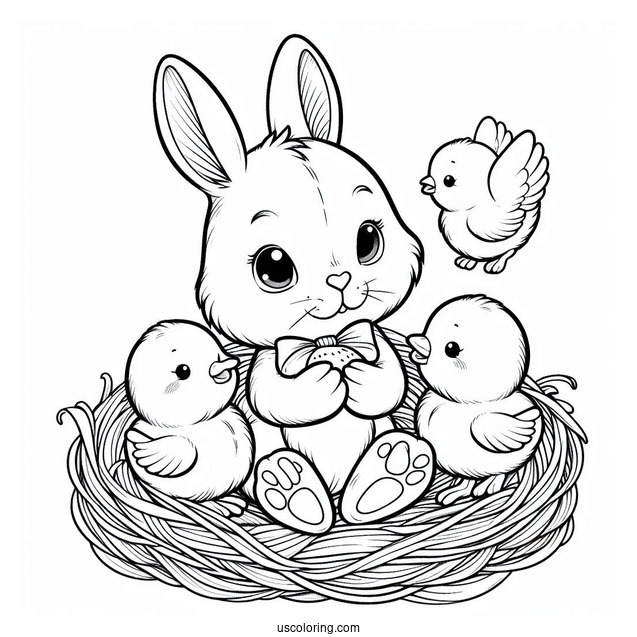 Easter Coloring Page Of Bunny Holding Chicks