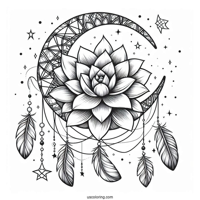 Succulent Coloring Page On A Crescent Moon Dreamcatcher