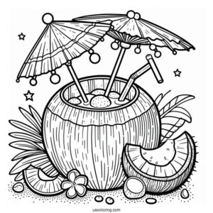 Delicious Coconut Coloring Page Drink With Paper Parasol And Fruit Slices