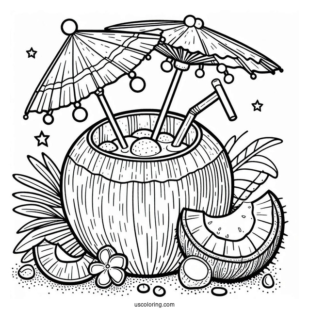 Delicious Coconut Coloring Page Drink With Paper Parasol And Fruit Slices