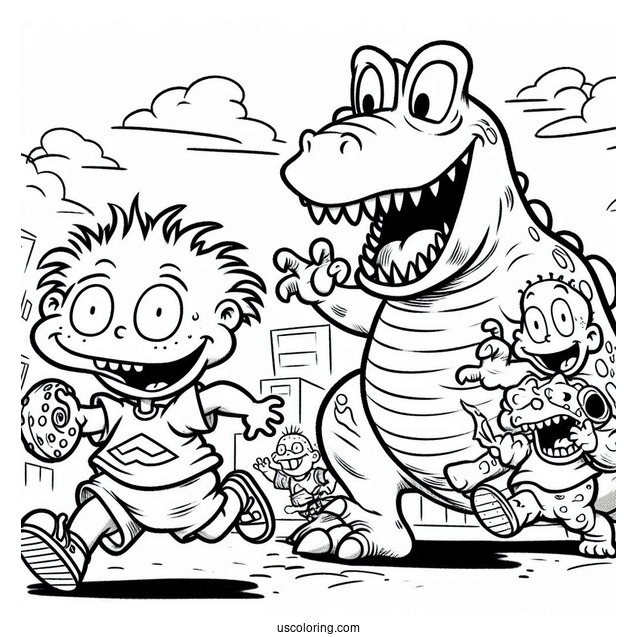 Rugrats Coloring Page Of Reptar Chasing Chuckie And Tommy Rugrats For Kids