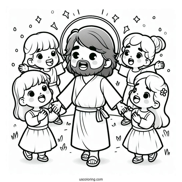Cute Children Rejoicing Around Jesus Coloring Page