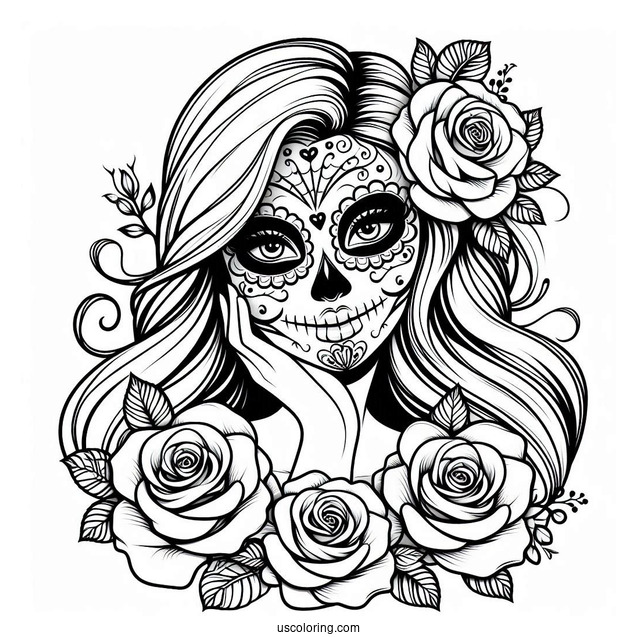 Smiling Female Sugar Skulls Coloring Page With Roses In The Eyes