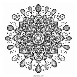 Rain Coloring Page Of Intricate Raindrop Mandala