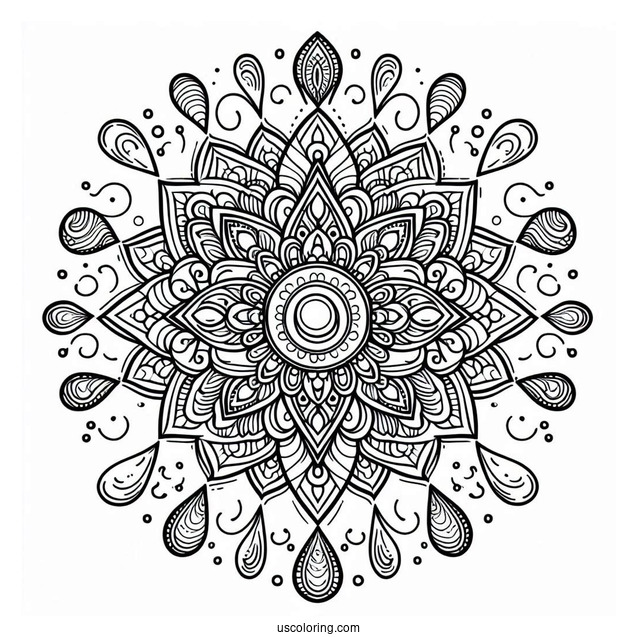 Rain Coloring Page Of Intricate Raindrop Mandala