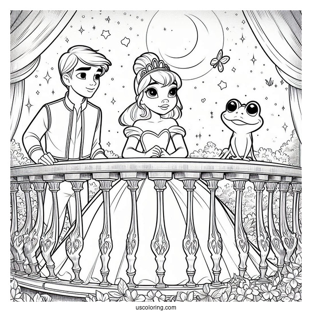 Tiana, Ray, And Frog Prince Naveen On Balcony Coloring In
