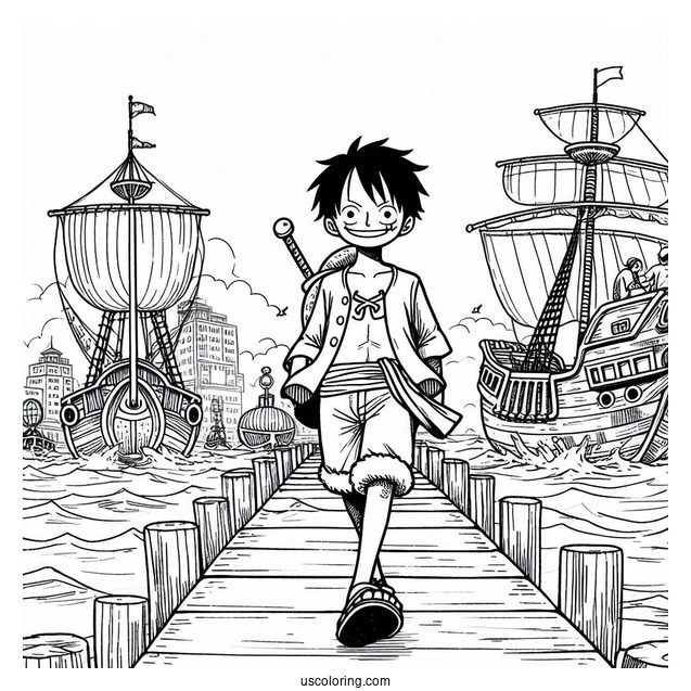 One Piece Coloring Page Of Simple Luffy Walking On Port For Kids