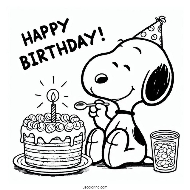 Snoopy With Happy Birthday Cake To Color