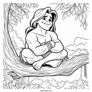 Tarzan Coloring Page Smiling While Sitting On A Tree Branch