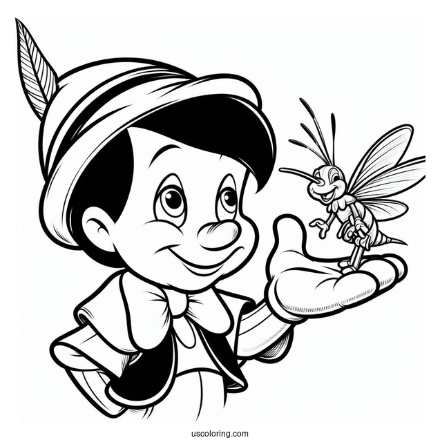 Pinocchio Coloring Page Holding Up Jiminy Cricket On His Elbow