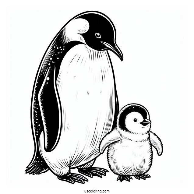 Emperor Penguin With Baby Chick Coloring In