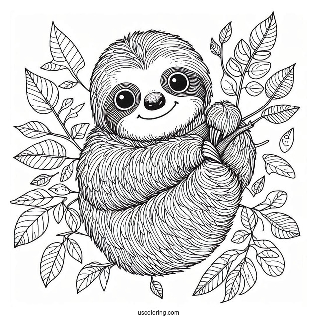 Happy Sloth Sitting On Leaves