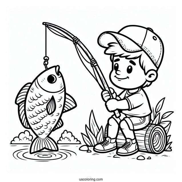 Fishing Coloring Page Of Cartoon Man Catching A Large Fish