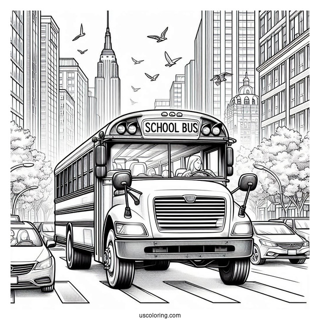 Realistic School Bus Coloring Page In A Busy City