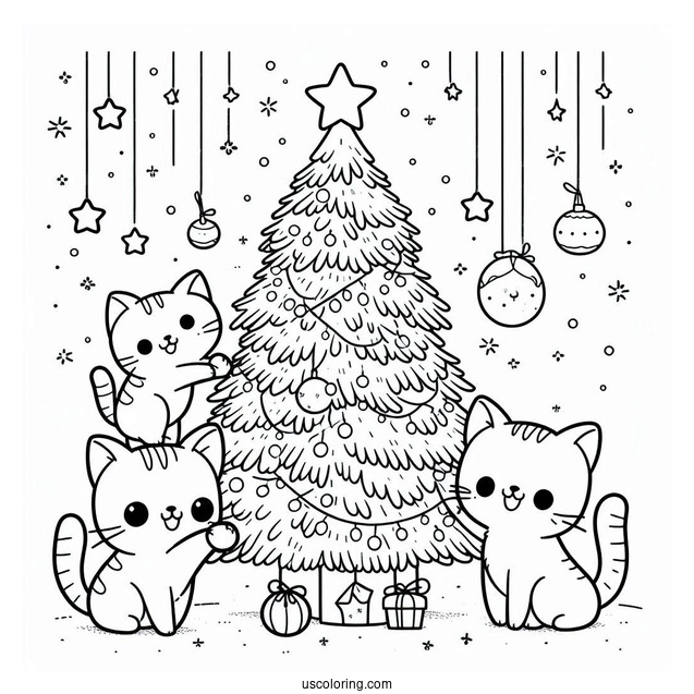 Cats Playing With Christmas Tree Coloring Sheet