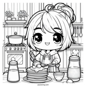 Energetic Chibi Coloring Page Chef Flipping Pancakes in a Cozy Kitchen