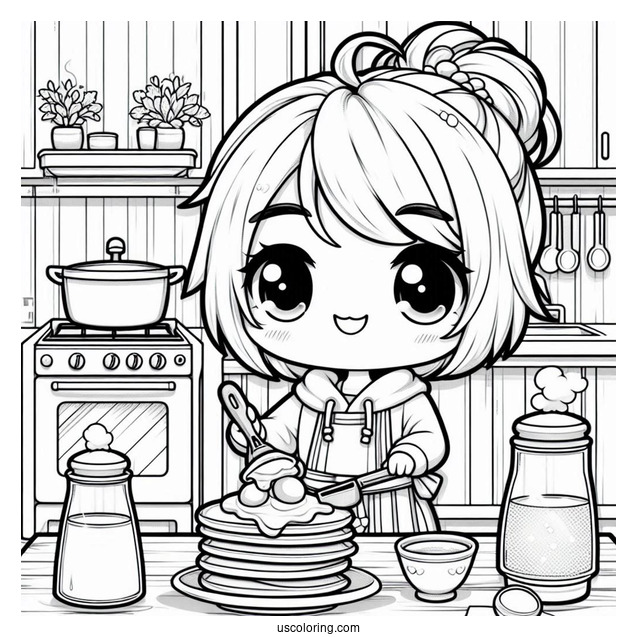 Energetic Chibi Coloring Page Chef Flipping Pancakes in a Cozy Kitchen