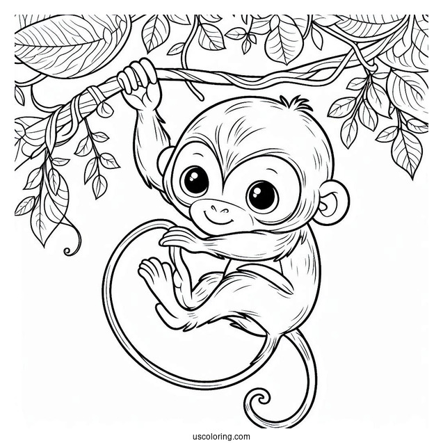 Jungle Coloring Page Of Easy Monkey Hanging From Vine For Kids