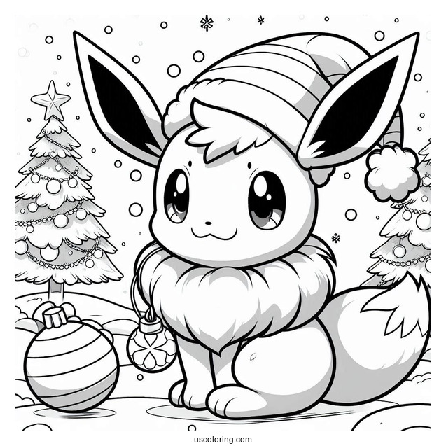 Pokemon Christmas Coloring Page Cute Eevee With Baubles In The Background Pokemon Christmas