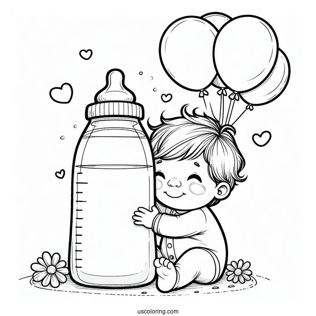 Baby Coloring Page Of Boy Embracing Large Milk Bottle With Balloons