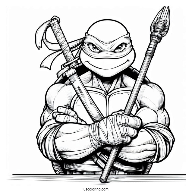 Ninja Turtles Coloring Page Of Adult Donatello Holding Bo Staff