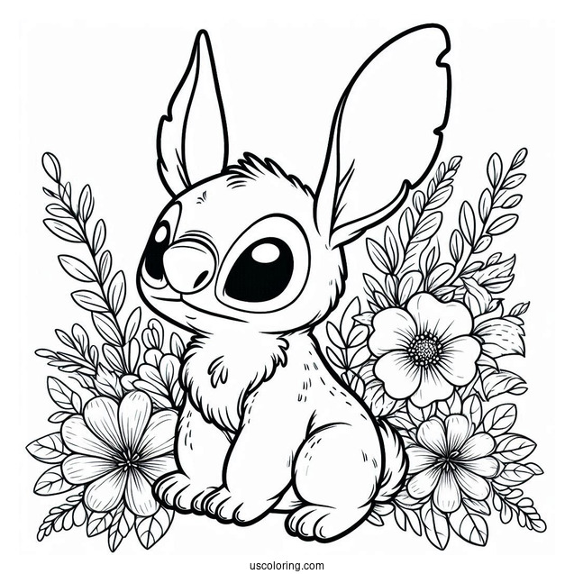 Furry Rabbit Coloring Page With Stitch Surrounded By Flowers
