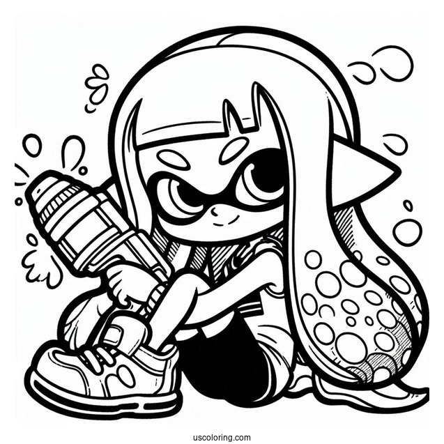 Splatoon Coloring Page Of Kawaii Inkling Girl Crouching While Holding Inkjet