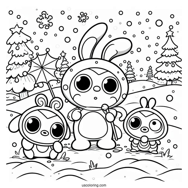 Pororo Coloring Page Of Eddy, Poby, Loopy, And Crong Playing In The Snow